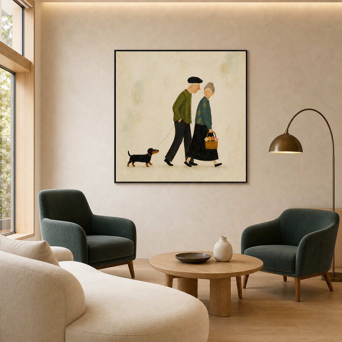 Warm narrative painting displayed in a boutique senior community lounge.