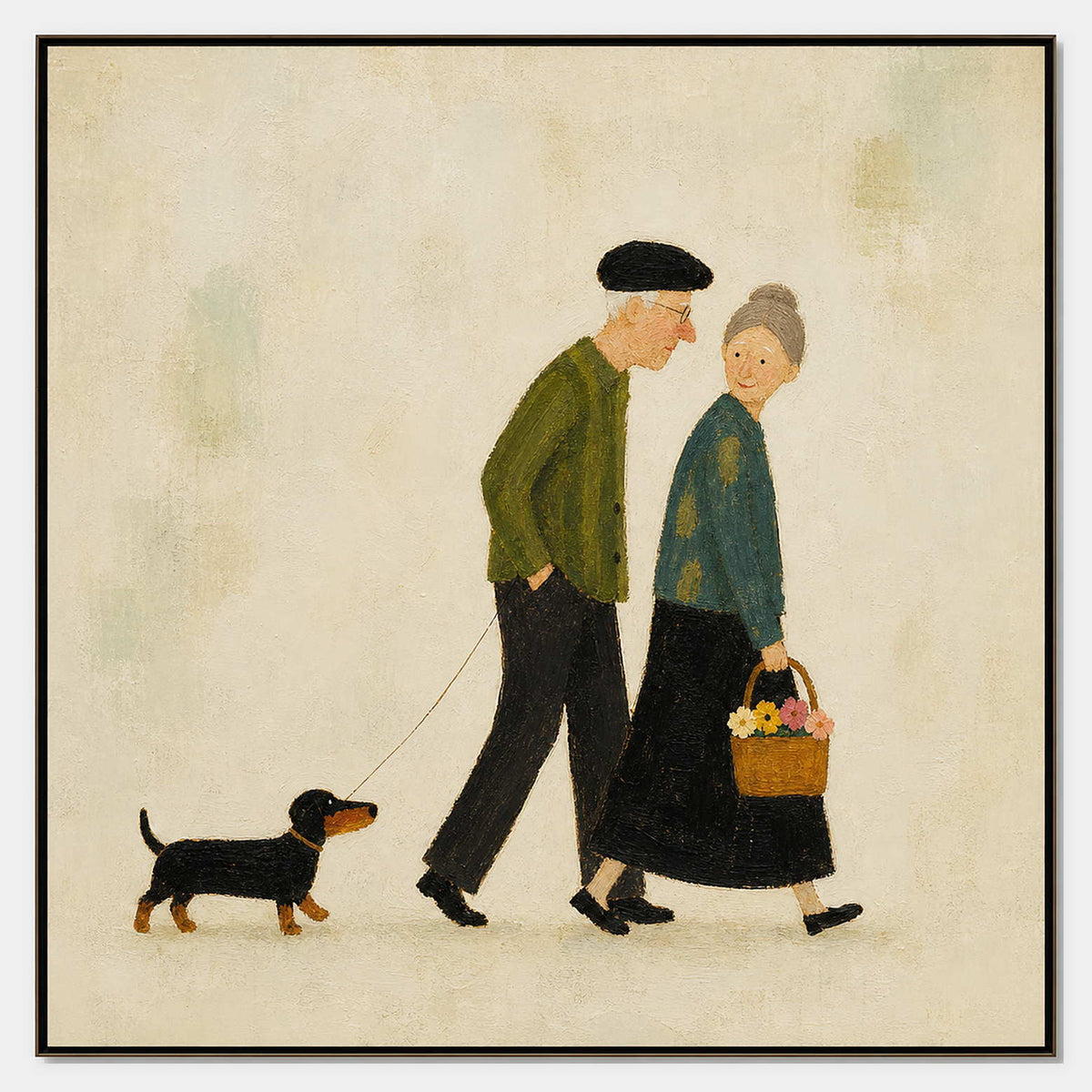 Hand-painted elderly couple and dachshund canvas on a warm ivory ground.