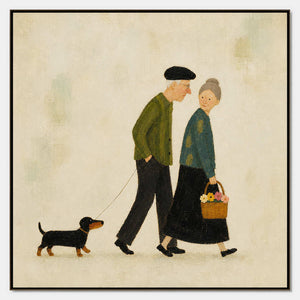 Hand-painted elderly couple and dachshund canvas on a warm ivory ground.