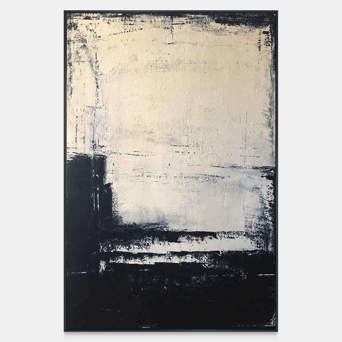 Vertical abstract painting with a pale cream field above broken blue black strokes.