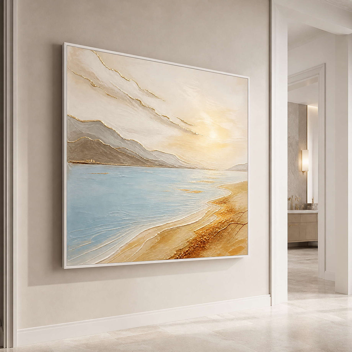 Airy blue and gold coastal canvas in a refined bathroom.