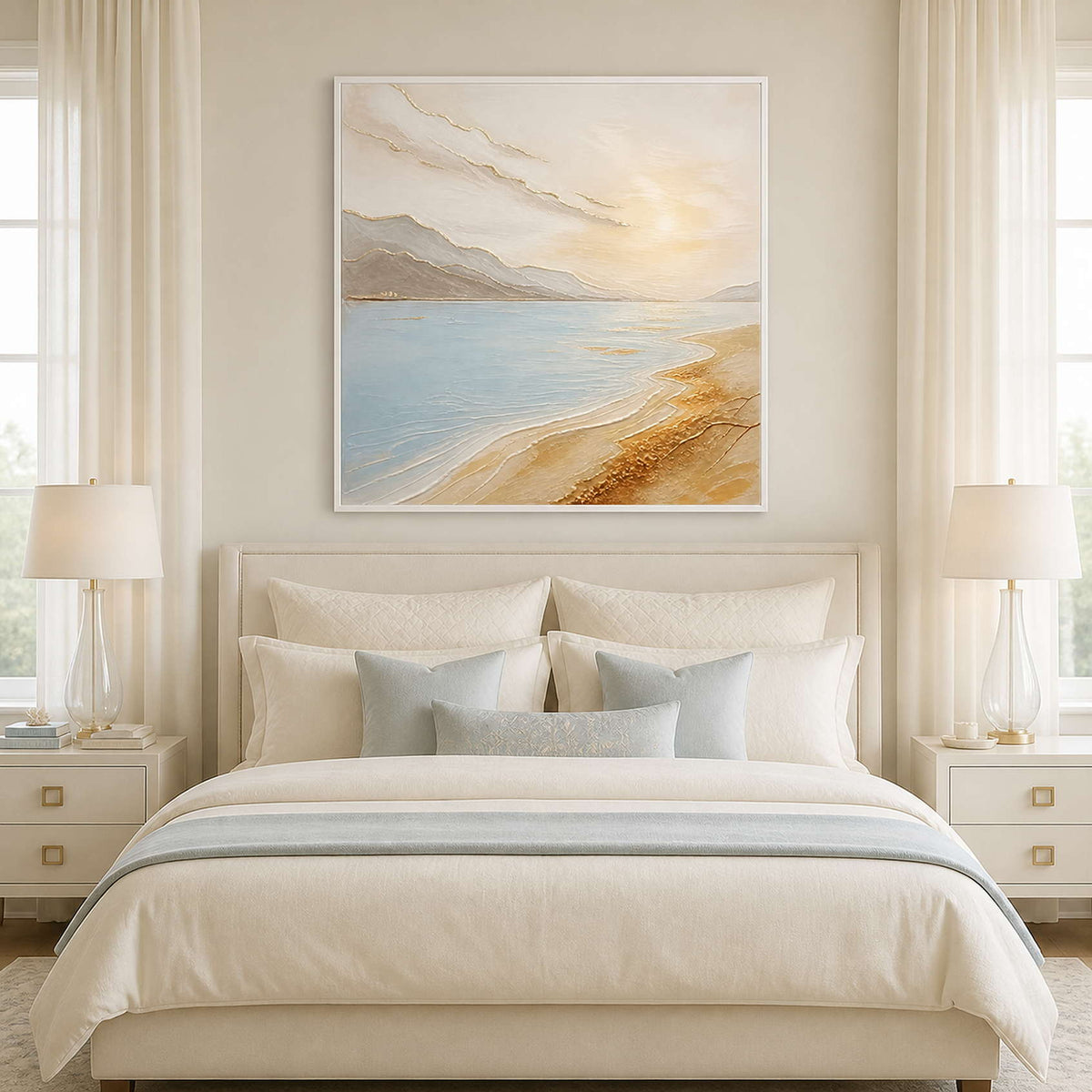 Serene golden shore canvas above a bright white bedroom.