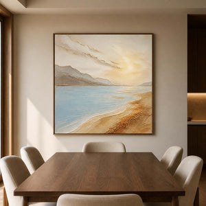 Textured blue and gold shoreline artwork in a warm dining room.