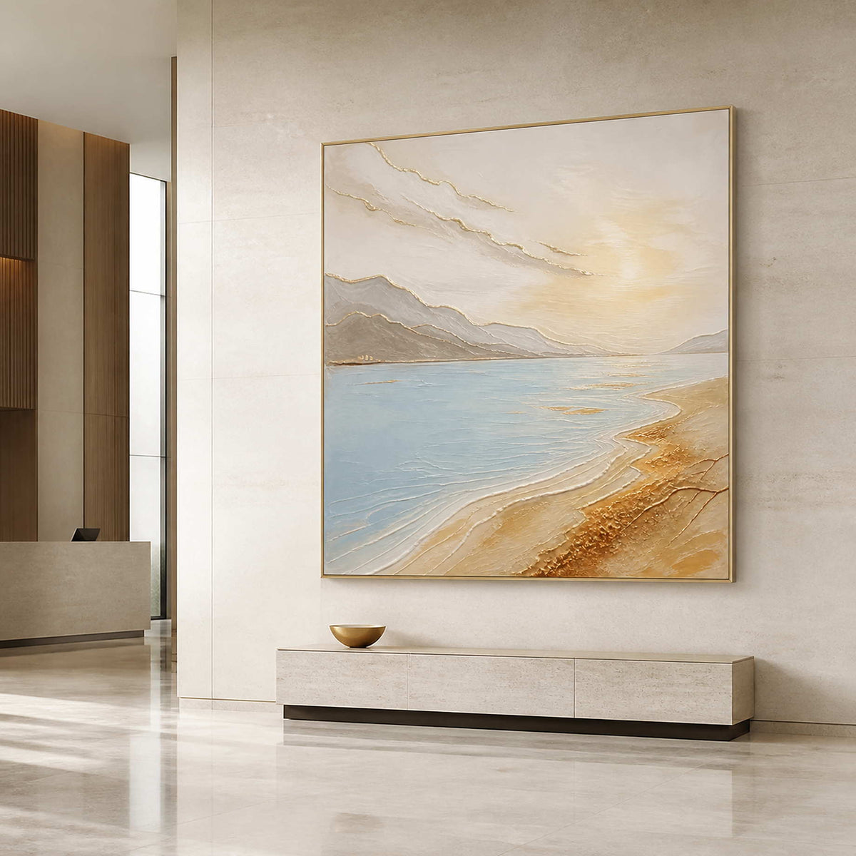 Large luminous shore artwork in an airy hotel art lobby.