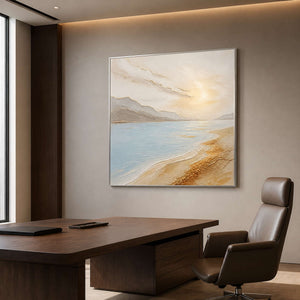 Calm pale blue shoreline artwork in a walnut private office.