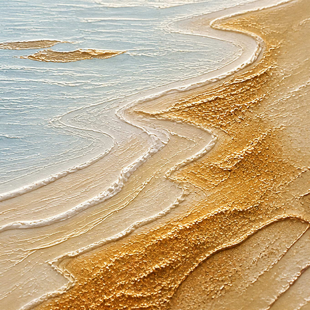 Close-up of raised pale blue waves and golden sand texture.