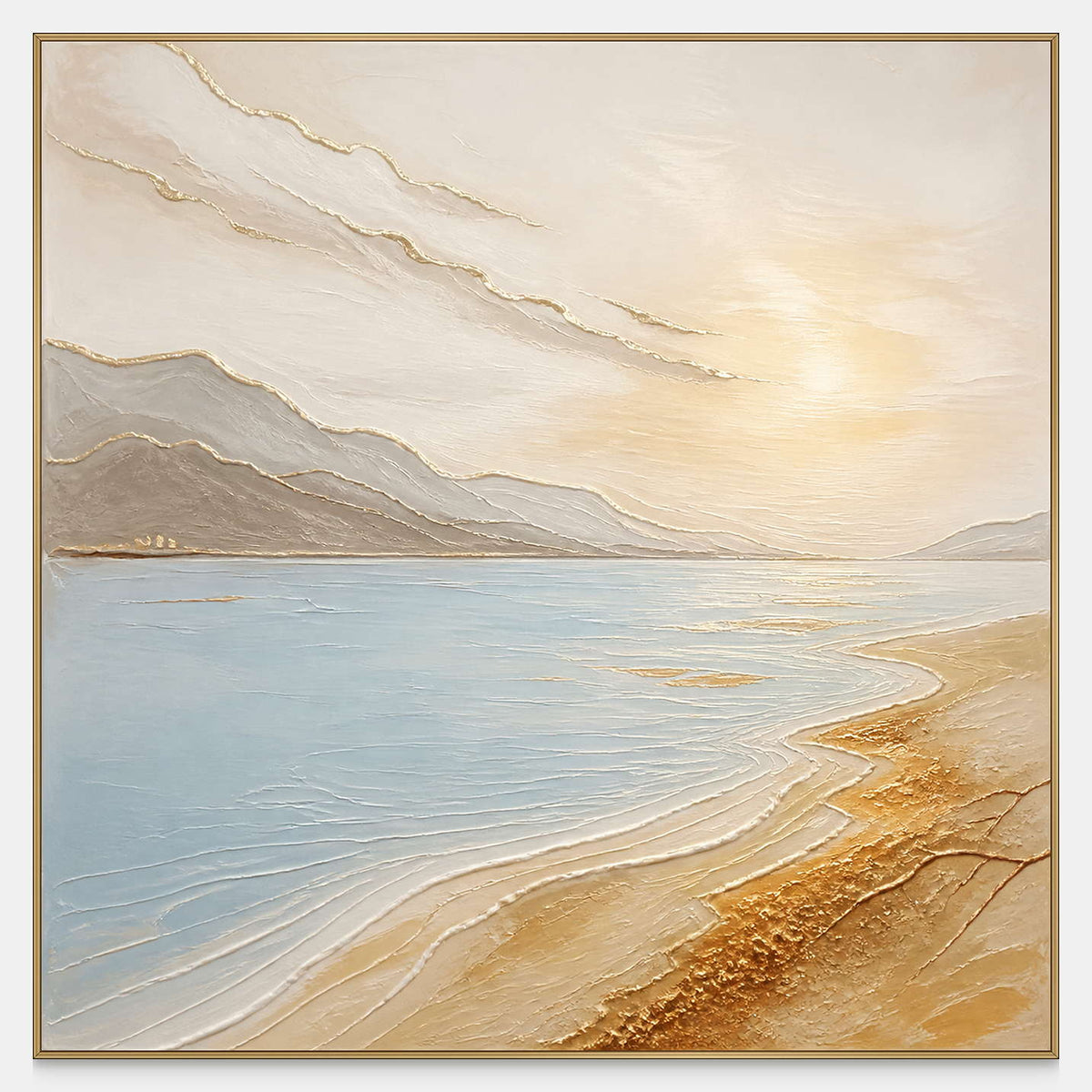 Square coastal canvas with pale blue water, golden sand, and a glowing sky.