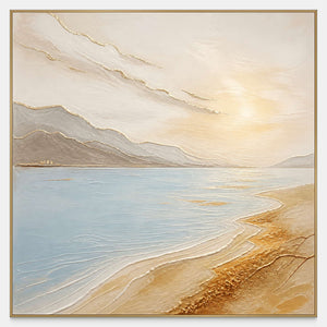 Square coastal canvas with pale blue water, golden sand, and a glowing sky.
