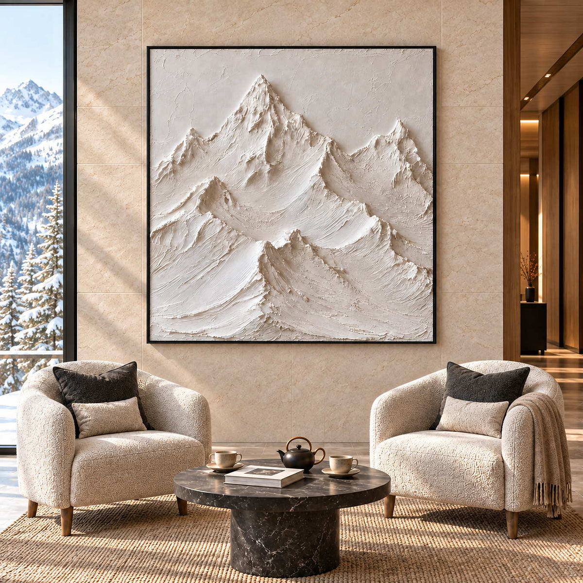The Mountains Stand Watch in a black frame above cream lounge chairs and a black stone table beside a tall lobby window.