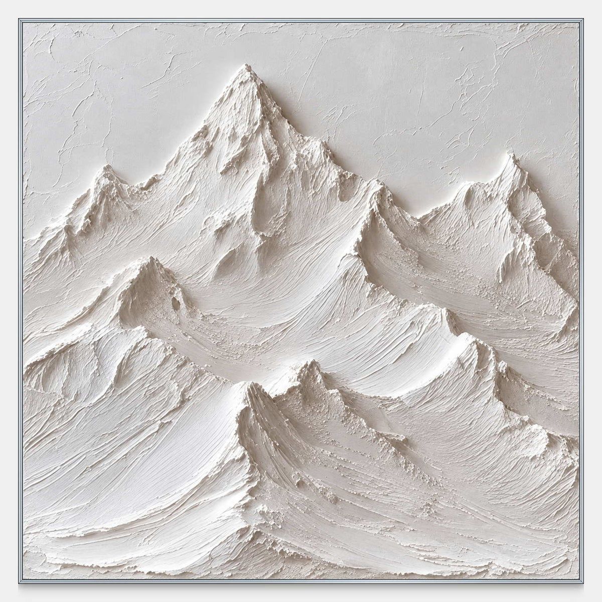 Front view of The Mountains Stand Watch, a square composition of layered pale peaks, finely ridged slopes and warm gray shadows.