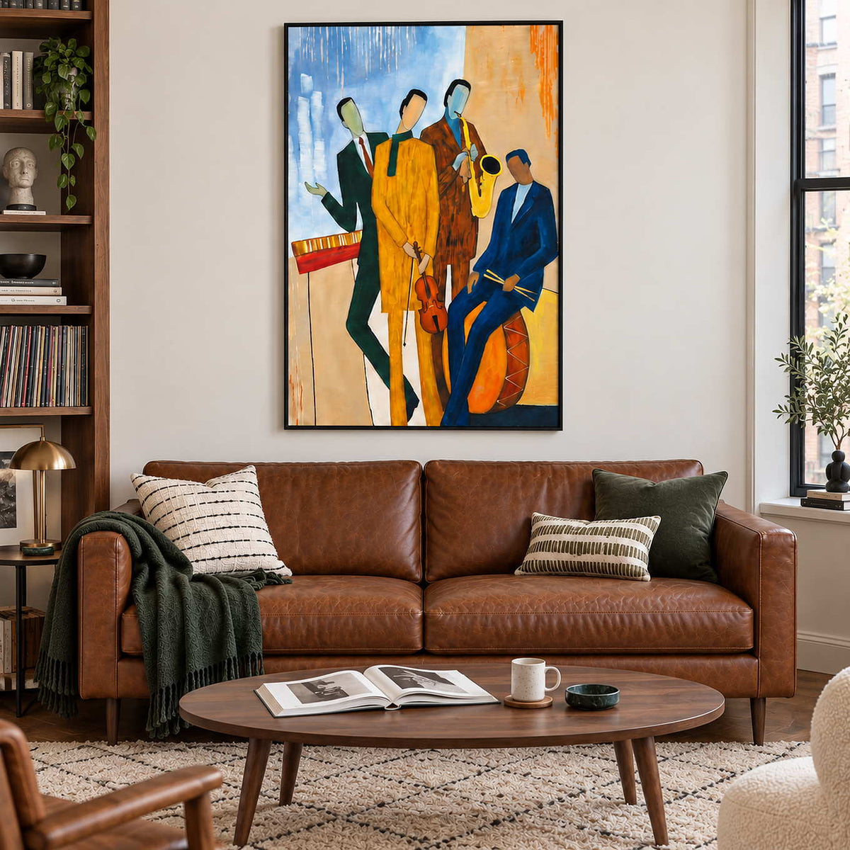 The Music Goes On in a black frame above a brown leather sofa with striped cushions and a green throw.