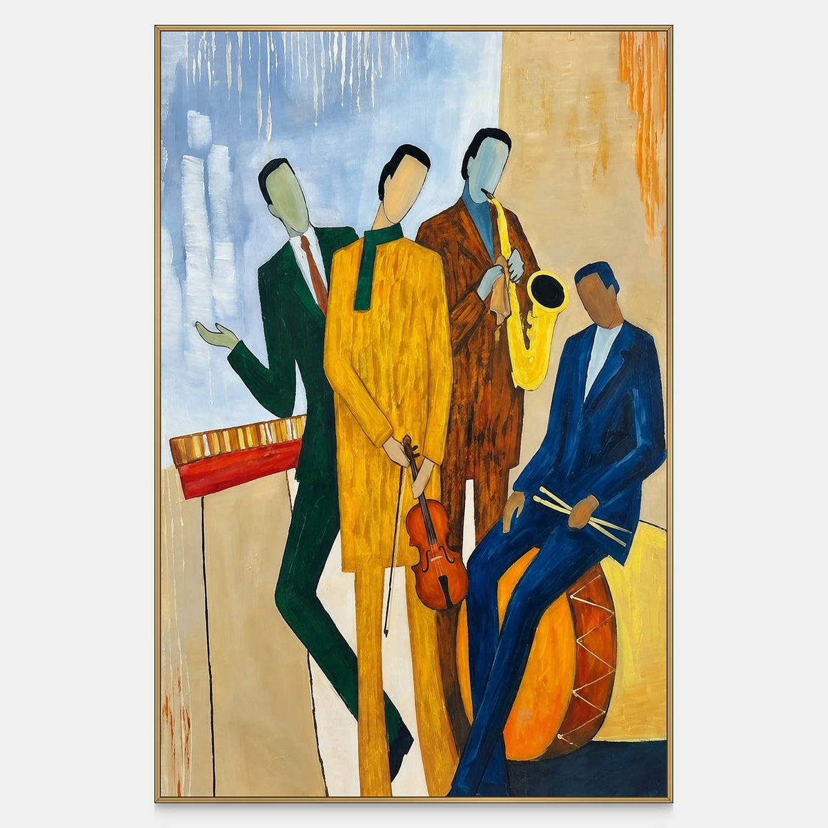 Front view of The Music Goes On, showing four elongated musicians with saxophone, violin, keyboard and drumsticks in green, mustard, rust and blue.