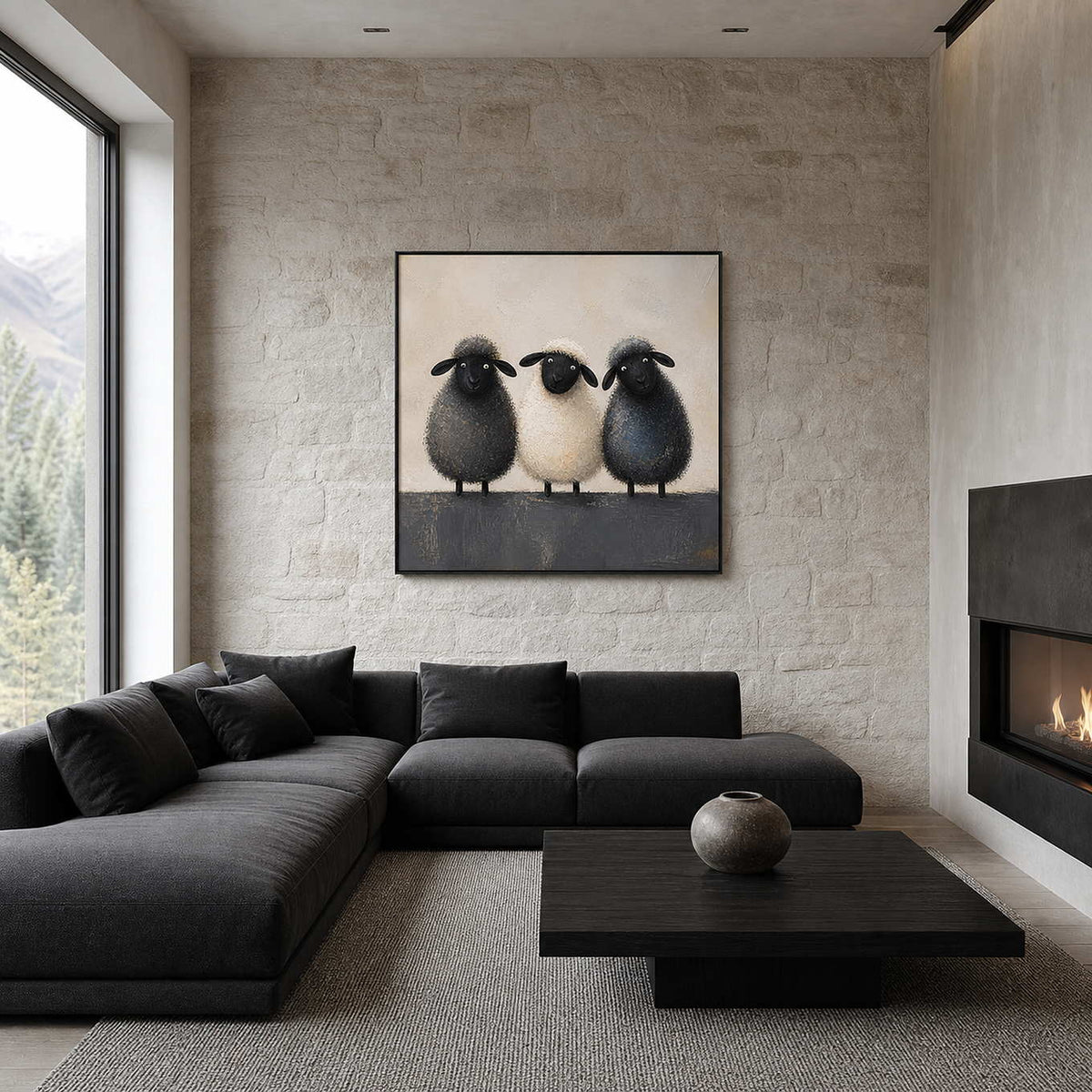 Textured sheep artwork styled in a dramatic charcoal living room.