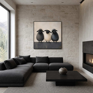 Textured sheep artwork styled in a dramatic charcoal living room.