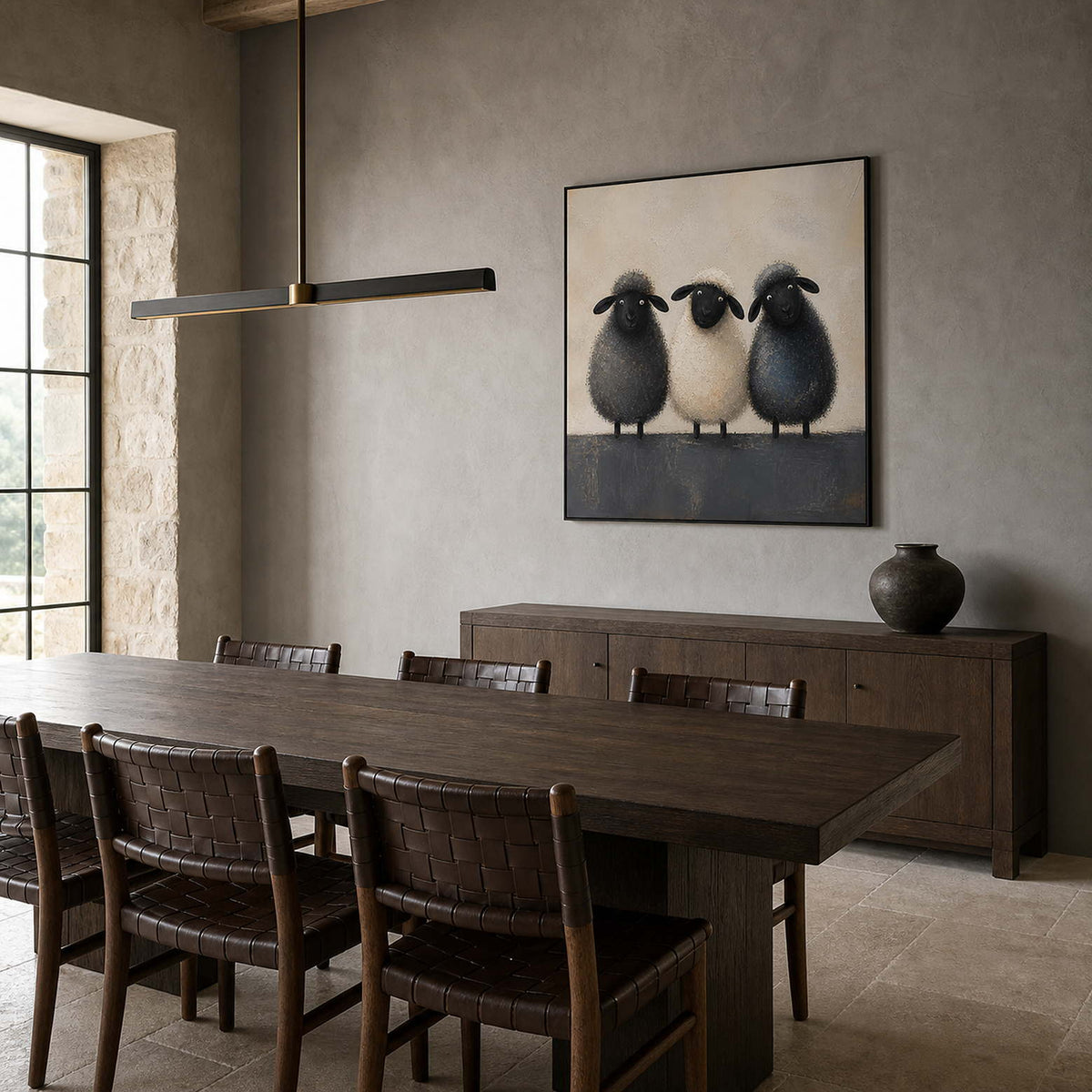 Neutral textured sheep wall art in a contemporary dining room.