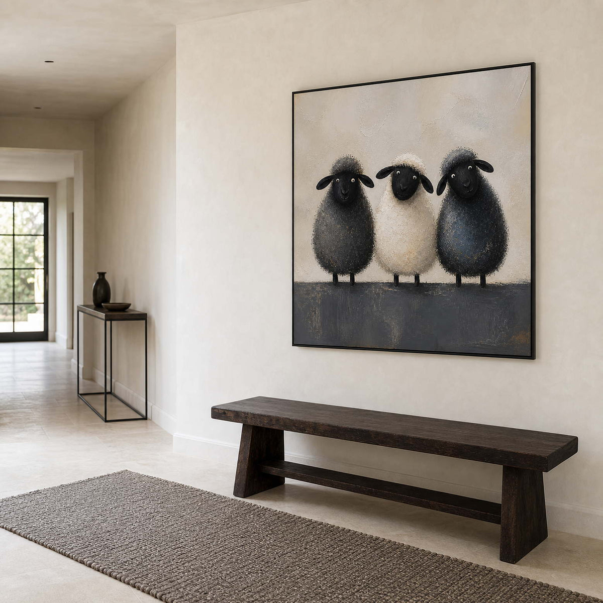 Black and white sheep wall art above a minimalist entryway bench.