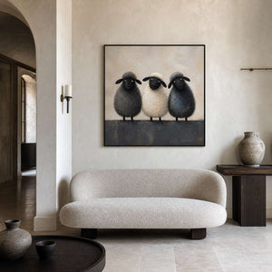 Playful sheep painting displayed in a refined neutral hotel lounge.