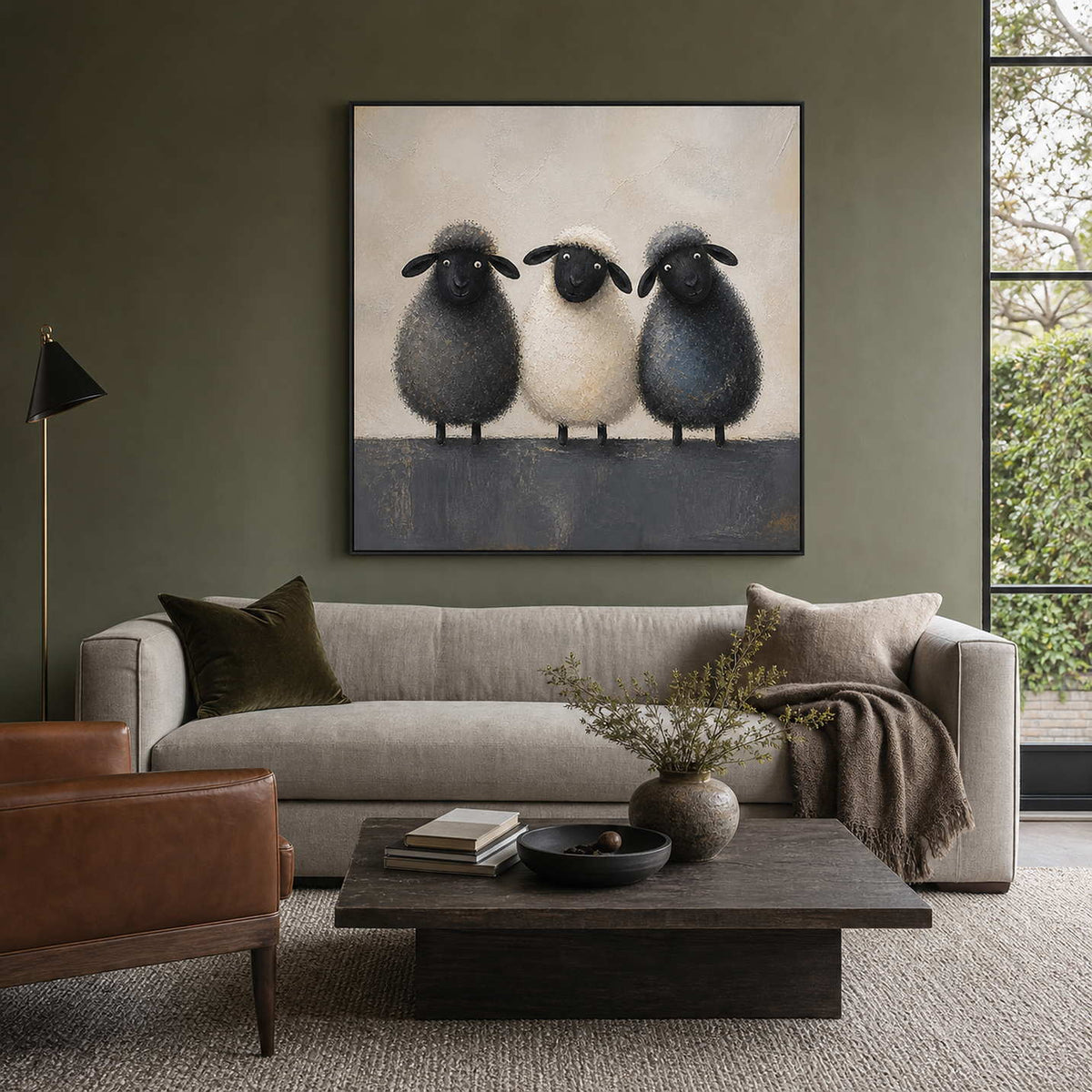 Textured sheep wall art above a warm modern living room sofa.