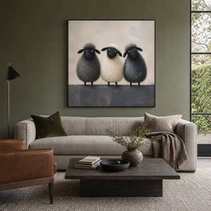 Textured sheep wall art above a warm modern living room sofa.