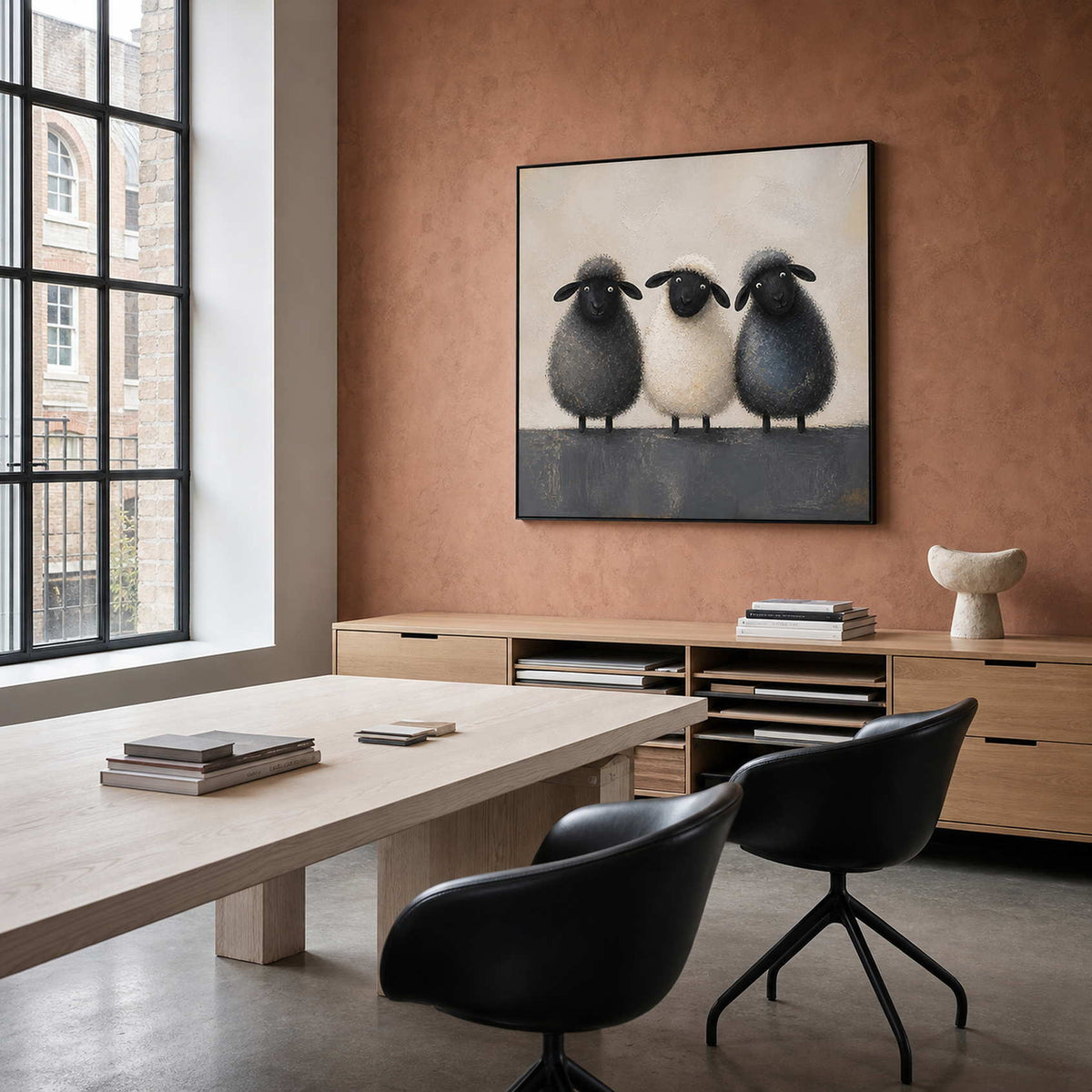 Playful textured sheep painting in a bright creative office.