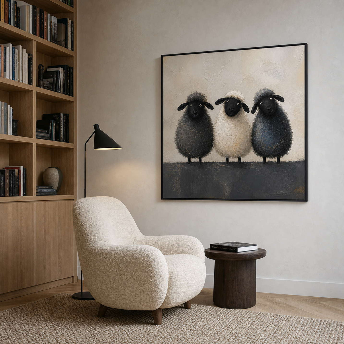 Whimsical sheep canvas beside a calm modern reading nook.