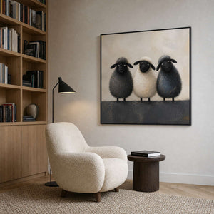 Whimsical sheep canvas beside a calm modern reading nook.