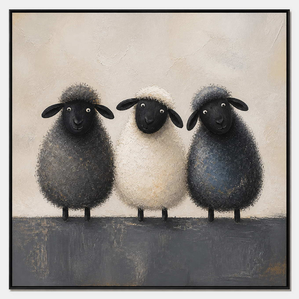 Hand-painted textured canvas of three sheep in charcoal and cream.