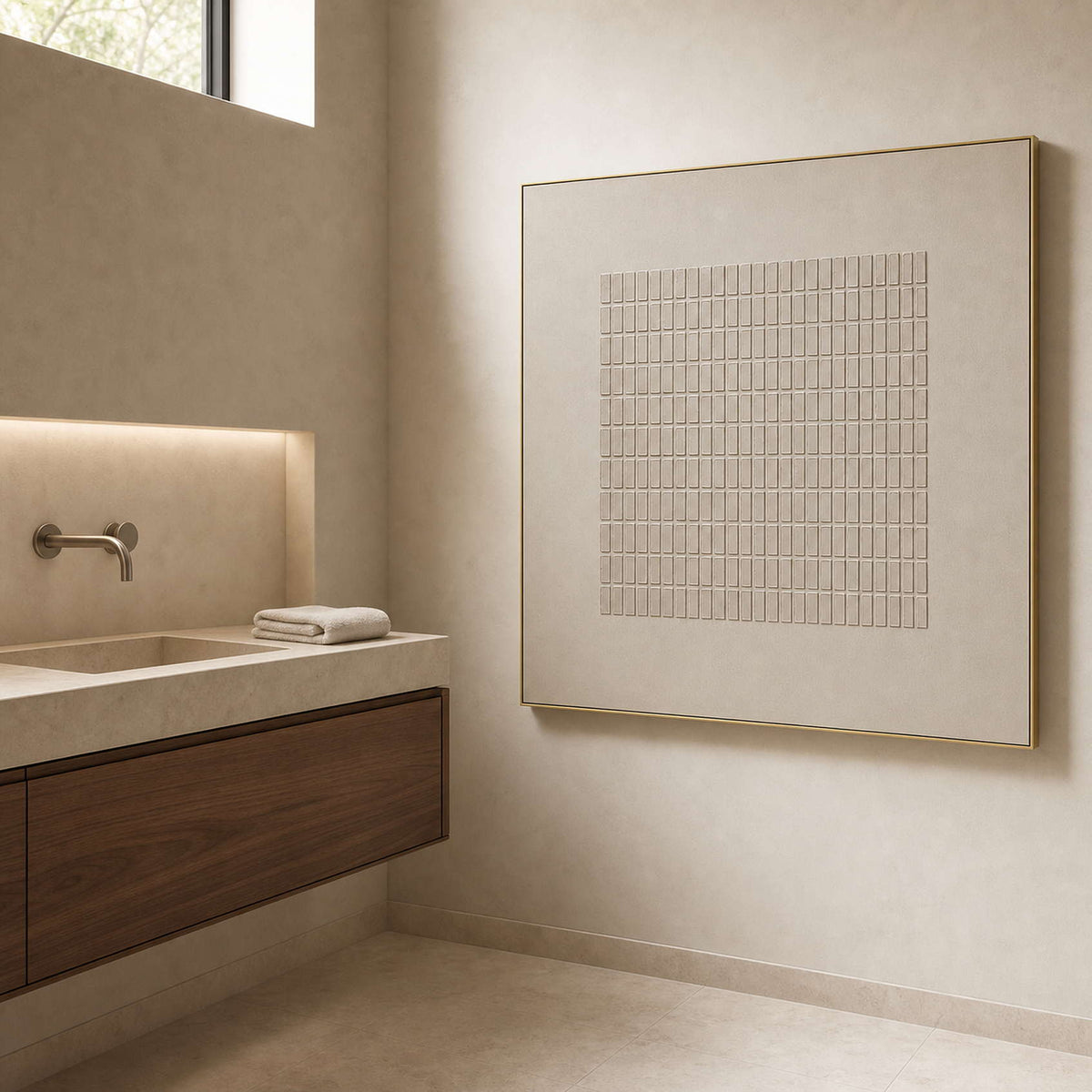Minimalist Textured Wall Art displayed in a refined bathroom.