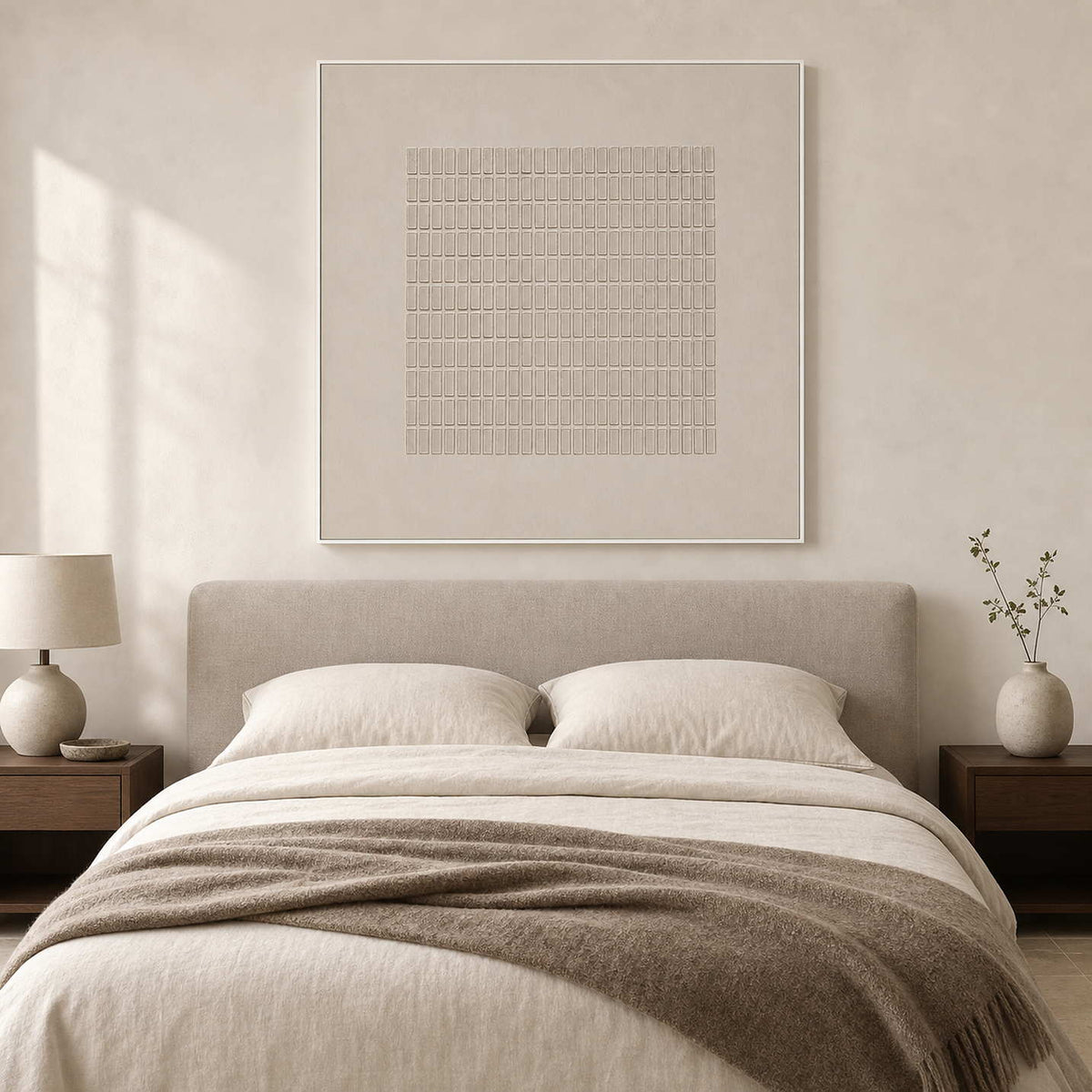 Minimalist Textured Wall Art displayed in a refined bedroom.
