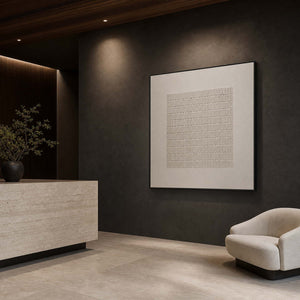Minimalist Textured Wall Art displayed in a refined hospitality lounge.