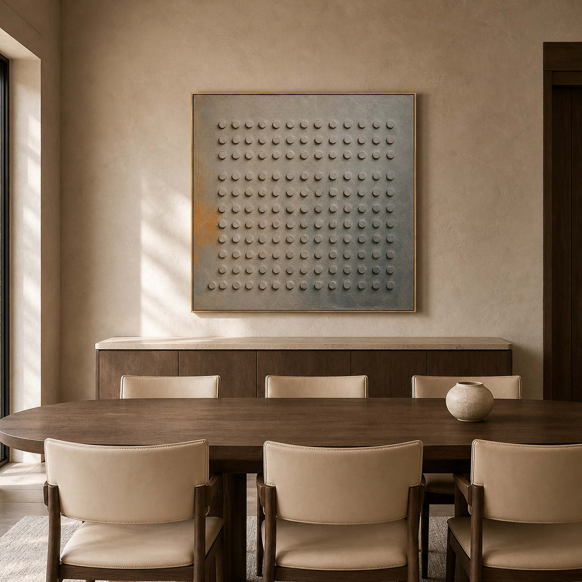 Minimalist Textured Wall Art displayed in a refined dining room.