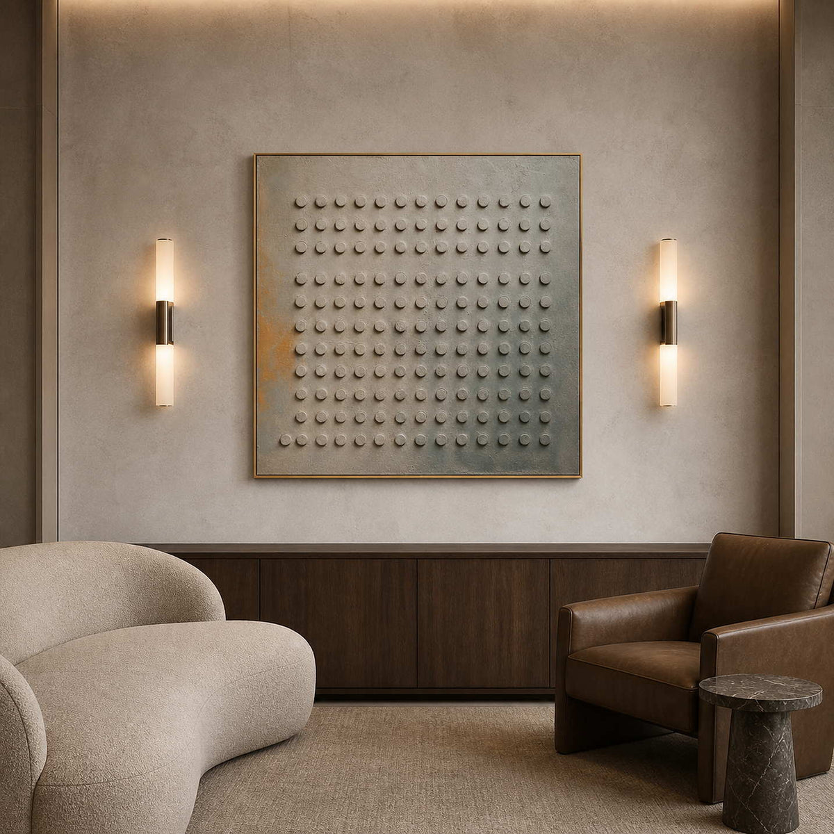 Minimalist Textured Wall Art displayed in a refined hospitality lounge 2.
