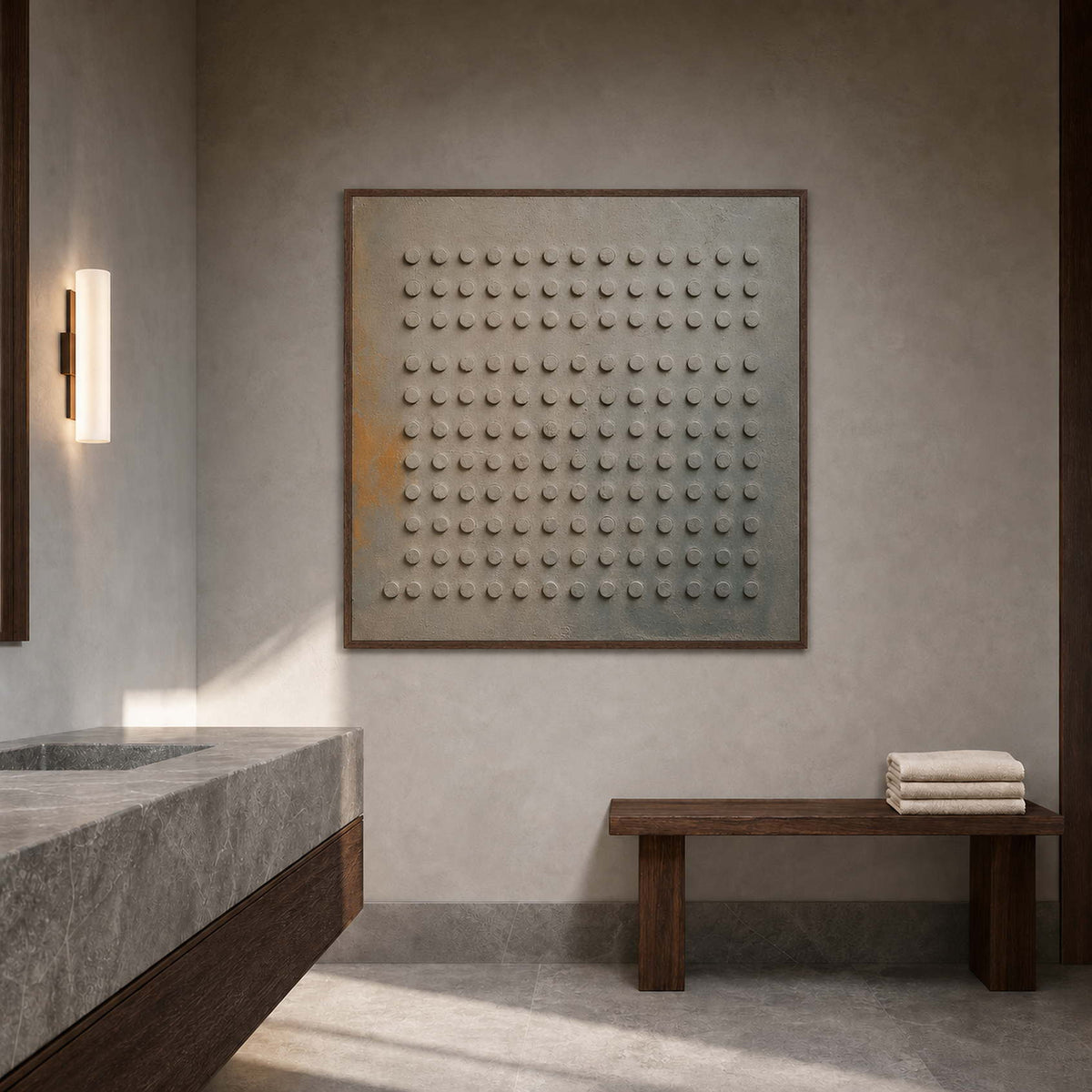 Minimalist Textured Wall Art displayed in a refined hospitality lounge.