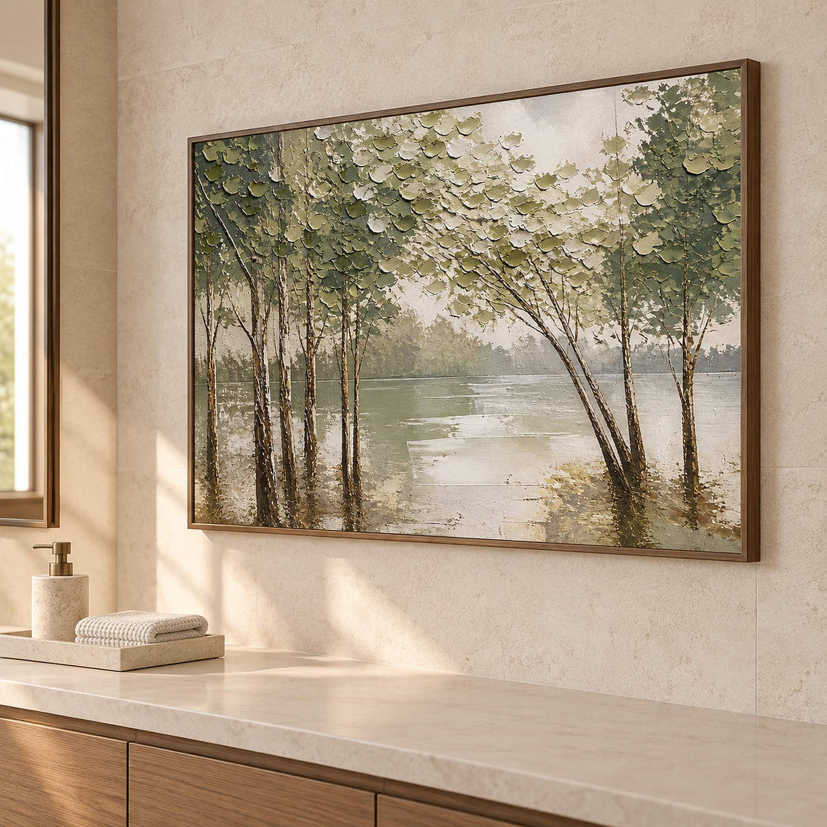 Horizontal forest landscape artwork with olive trees and pale reflective water, displayed in a bathroom dry area in a brown wood frame.