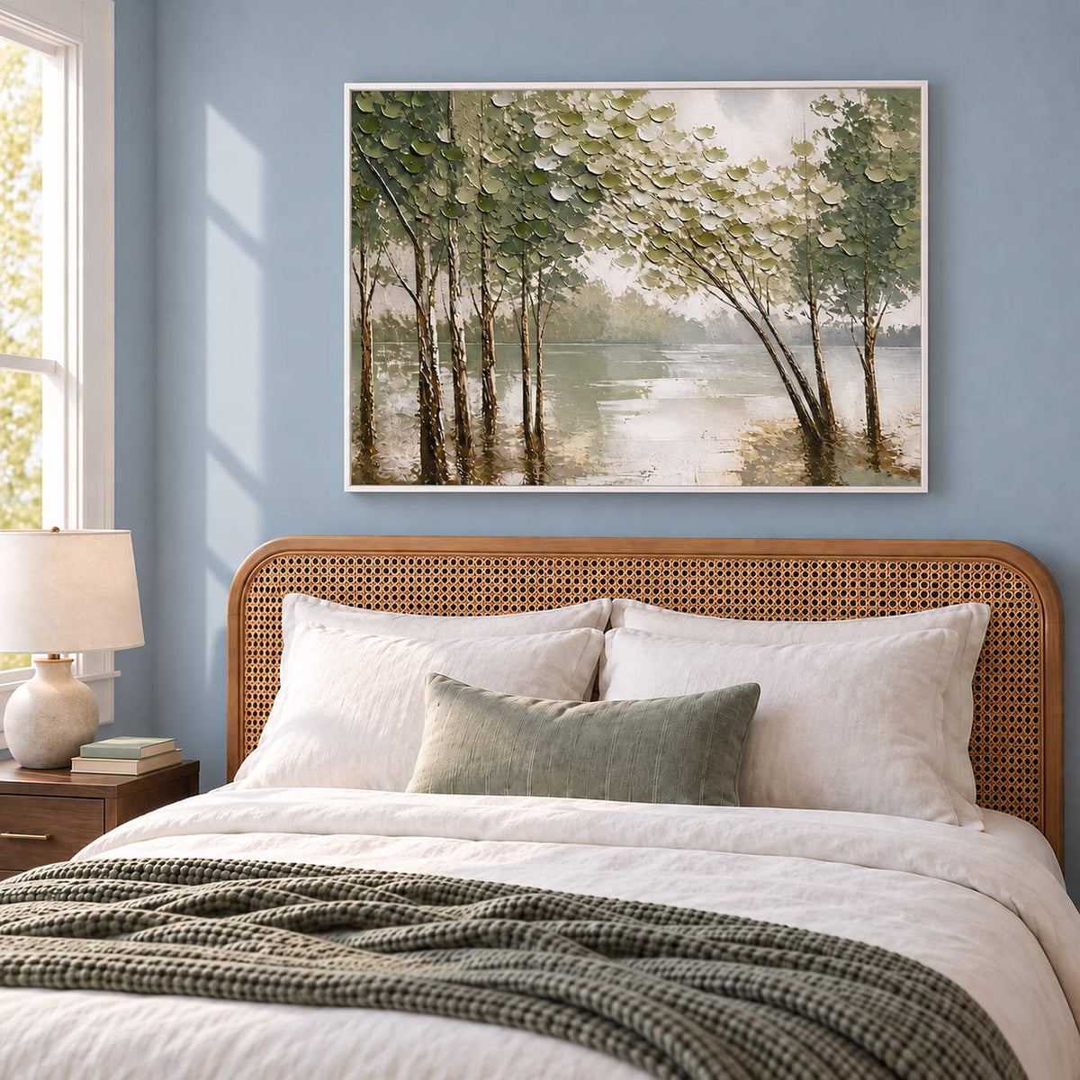 Horizontal forest landscape artwork with olive trees and pale reflective water, displayed in a bedroom in a white frame.