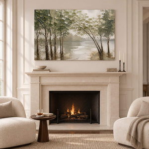 Horizontal forest landscape artwork with olive trees and pale reflective water, displayed beside or above a fireplace without an outer frame.
