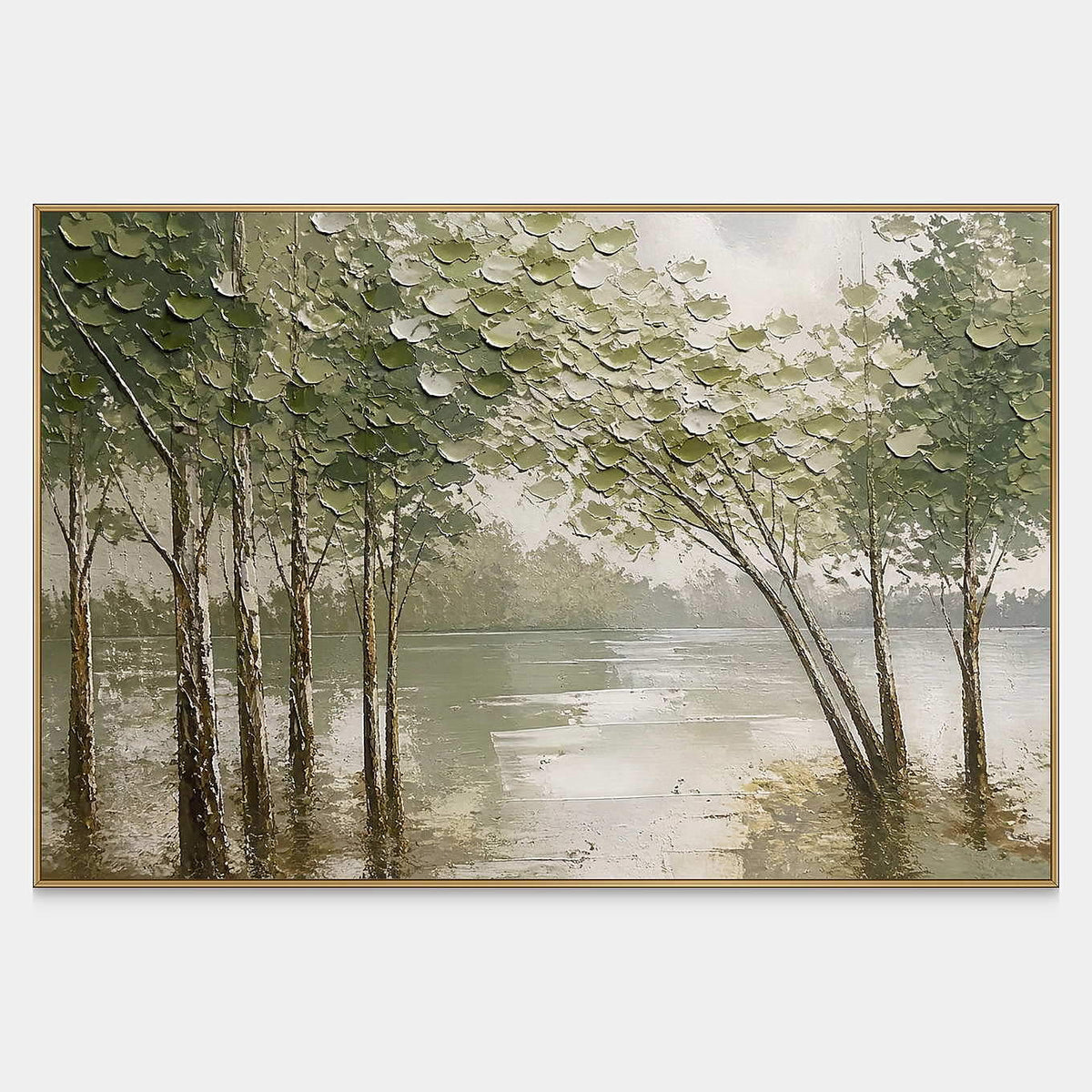 Horizontal forest landscape artwork with olive trees and pale reflective water.