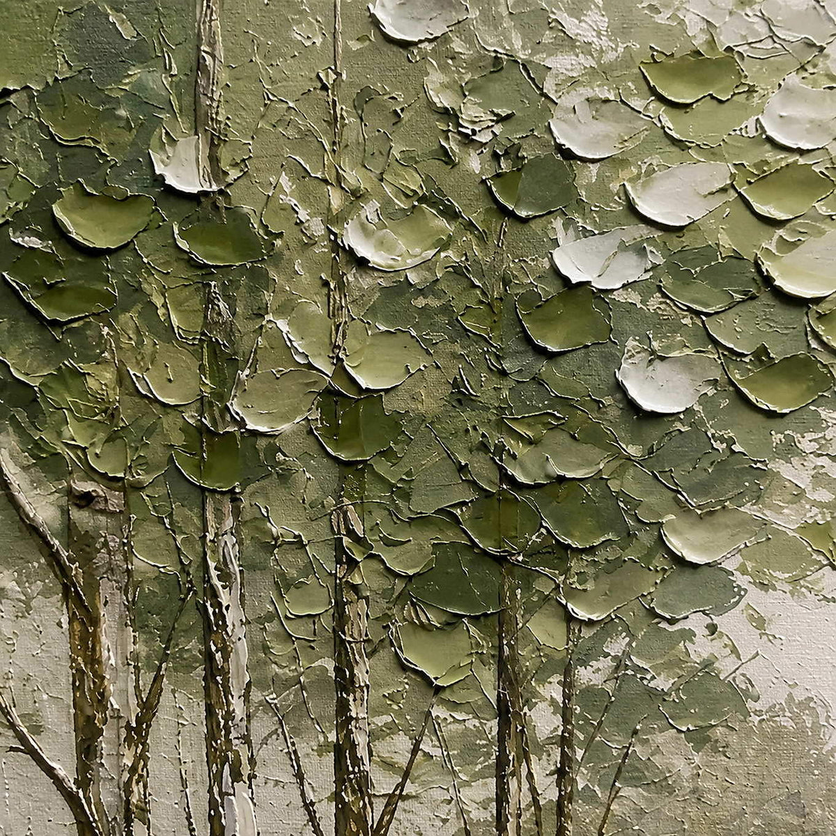 Close-up of layered olive and ivory palette-knife foliage texture.