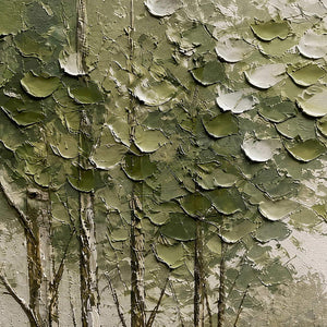 Close-up of layered olive and ivory palette-knife foliage texture.