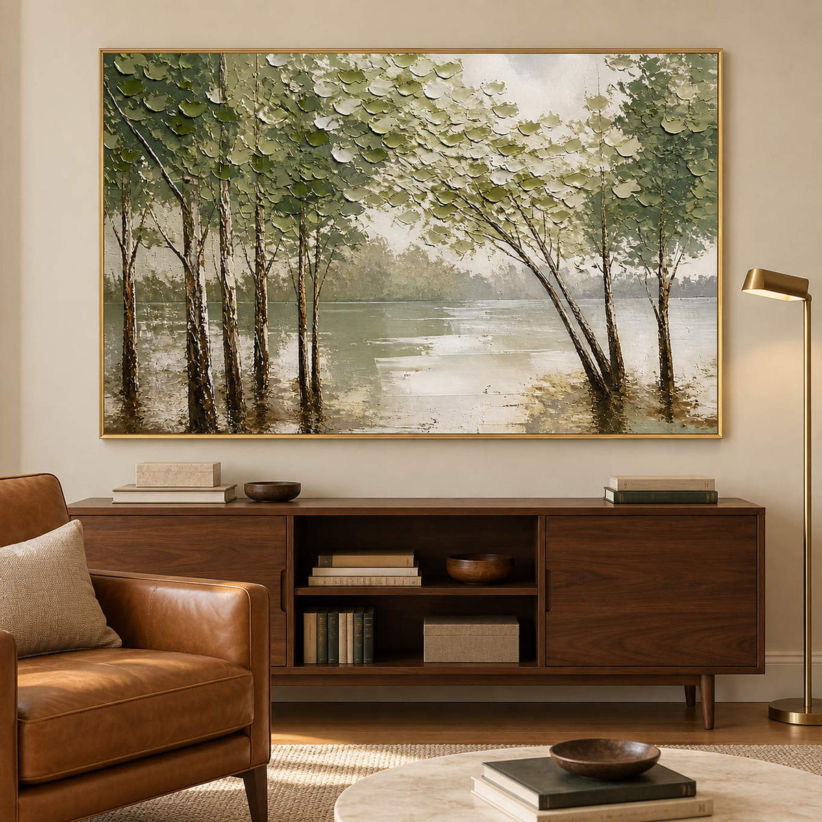Horizontal forest landscape artwork with olive trees and pale reflective water, displayed in a reading room in a gold frame.