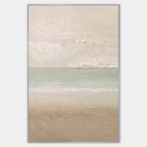 Hand-painted coastal canvas in warm ivory, sea-glass green, and sand.