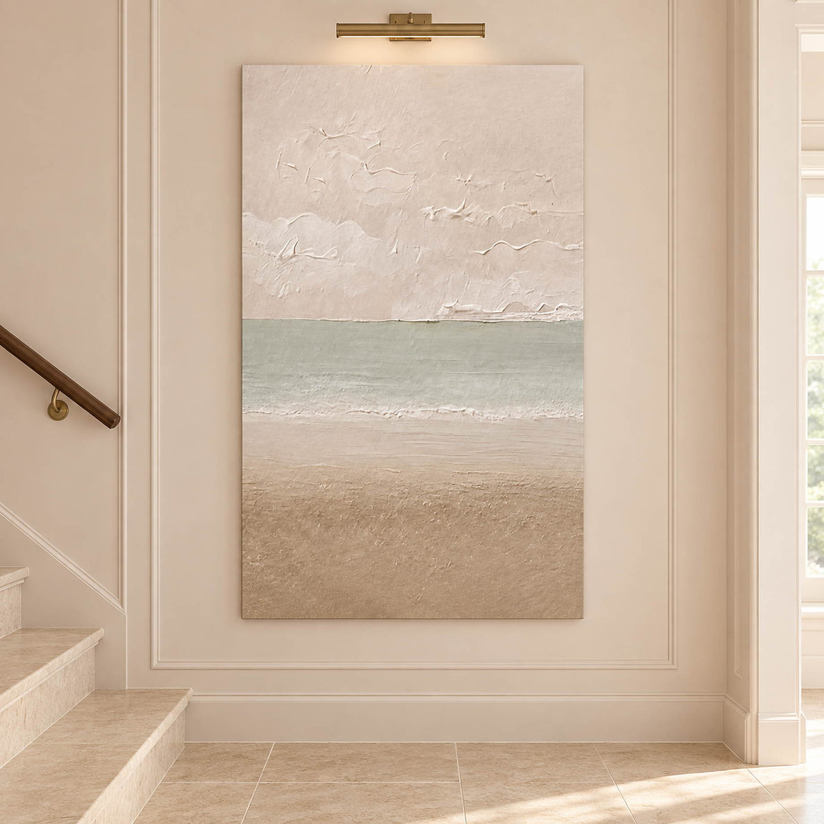 Hand-painted coastal canvas in warm ivory, sea-glass green, and sand, displayed beside a staircase without an outer frame.