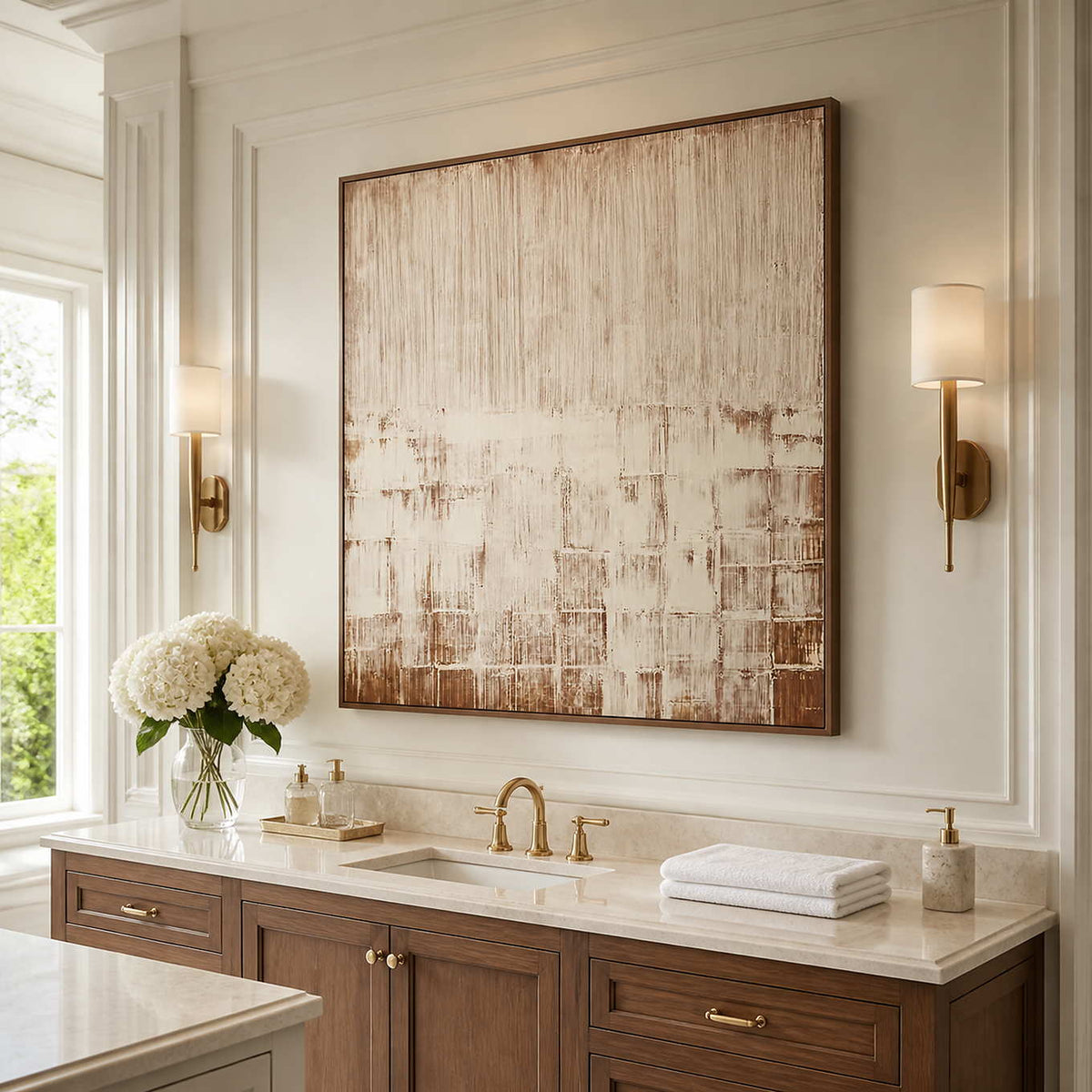 Wood framed cream and brown abstract artwork above a bright bathroom vanity.