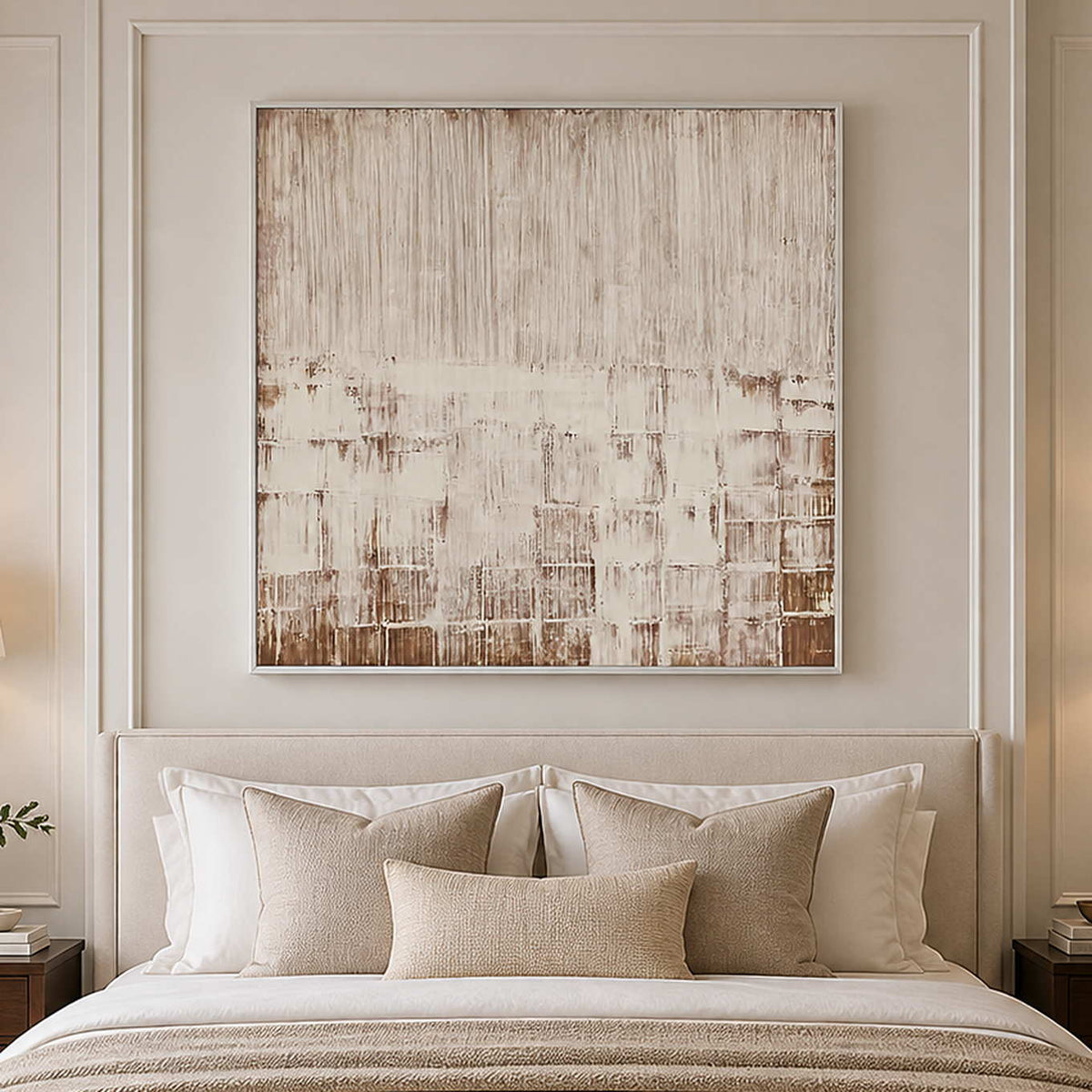 White framed cream and brown abstract artwork above a bed with textured neutral pillows.