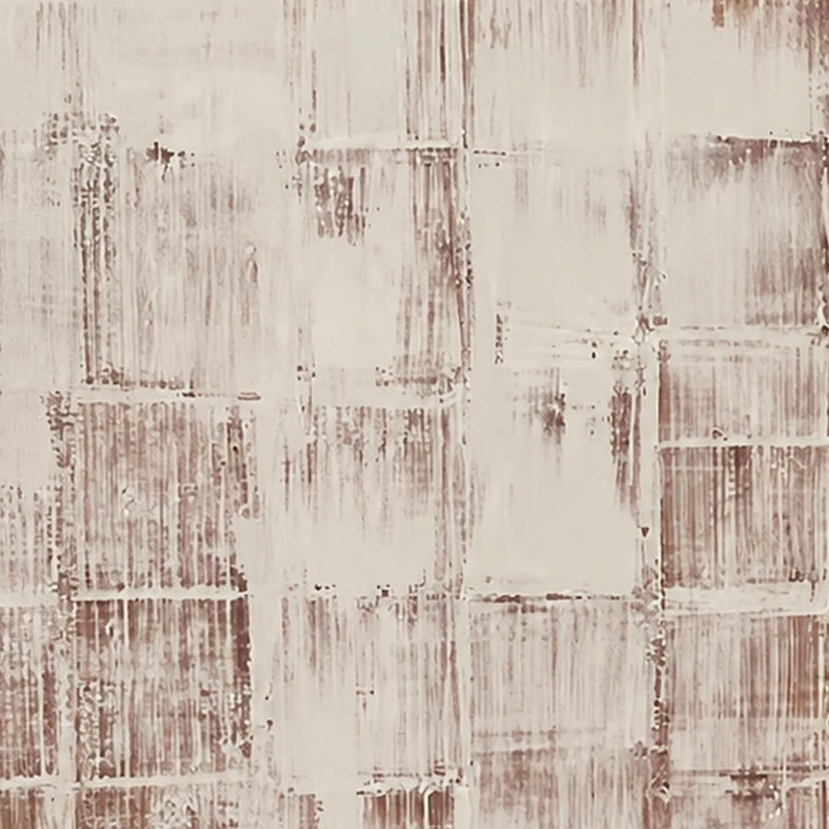 Close view of fine scraped cream lines and faded brown rectangles with uneven edges.