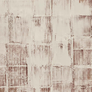 Close view of fine scraped cream lines and faded brown rectangles with uneven edges.