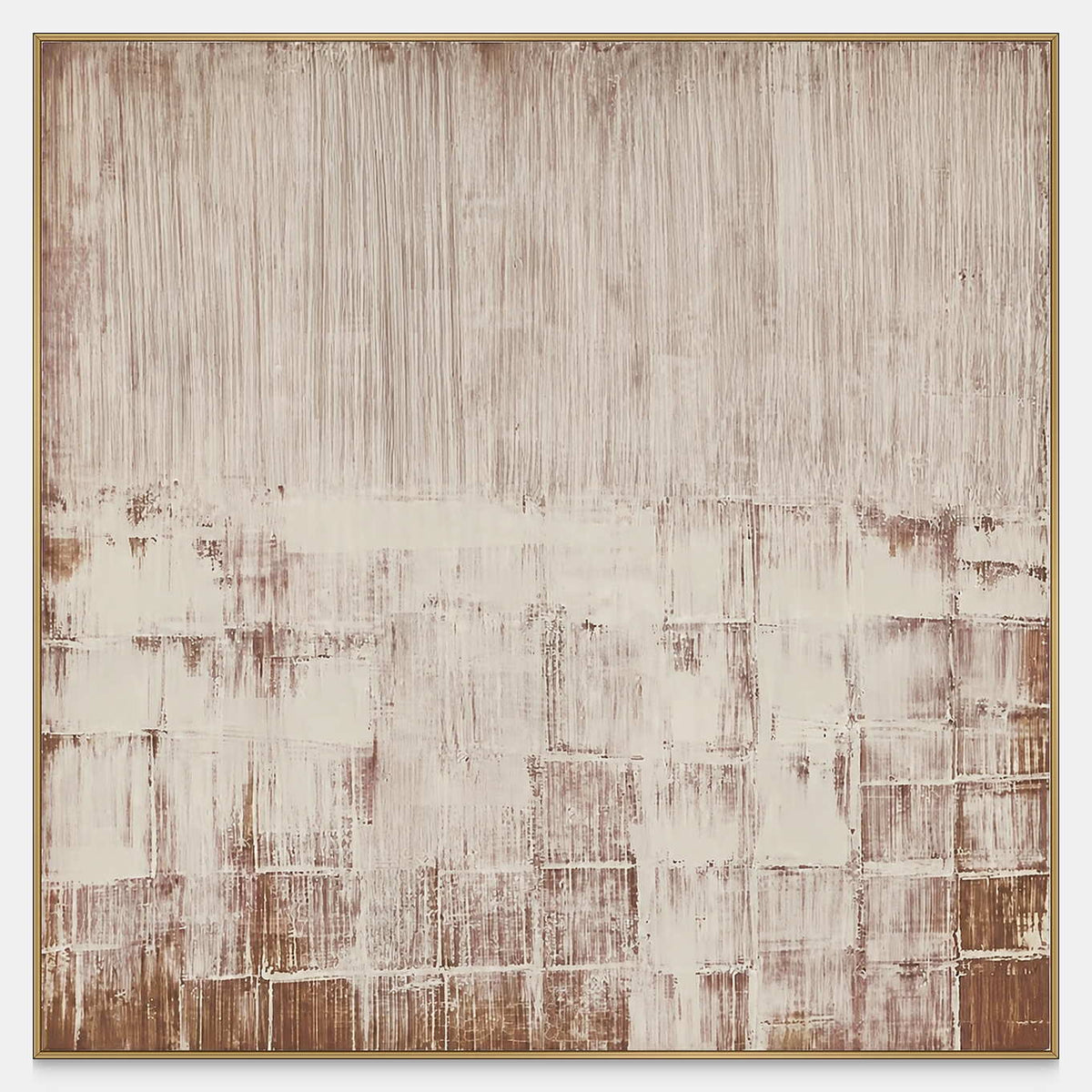 Square abstract artwork with fine vertical cream lines over faded brown rectangular marks.