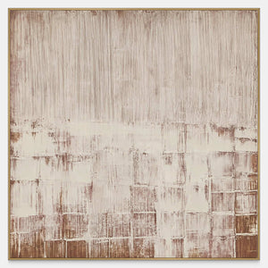 Square abstract artwork with fine vertical cream lines over faded brown rectangular marks.