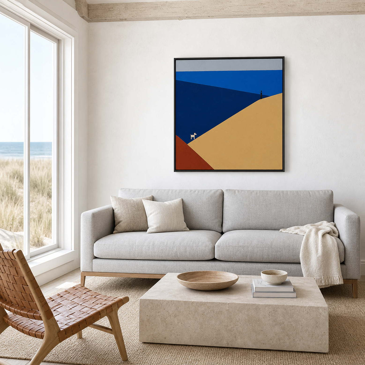 Minimalist coastal wall art in a bright Cape Cod living room