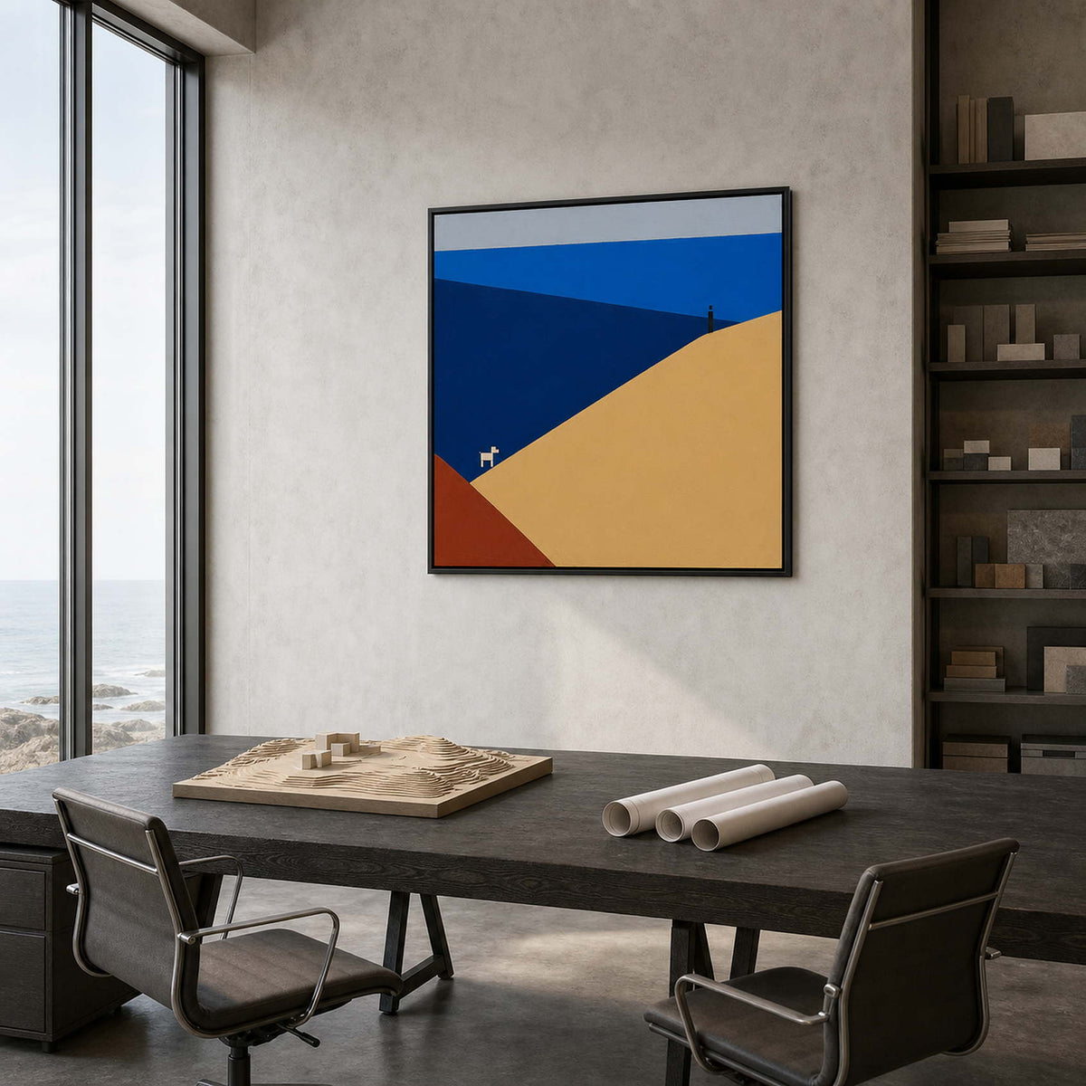 Geometric blue wall art in a coastal landscape architect studio